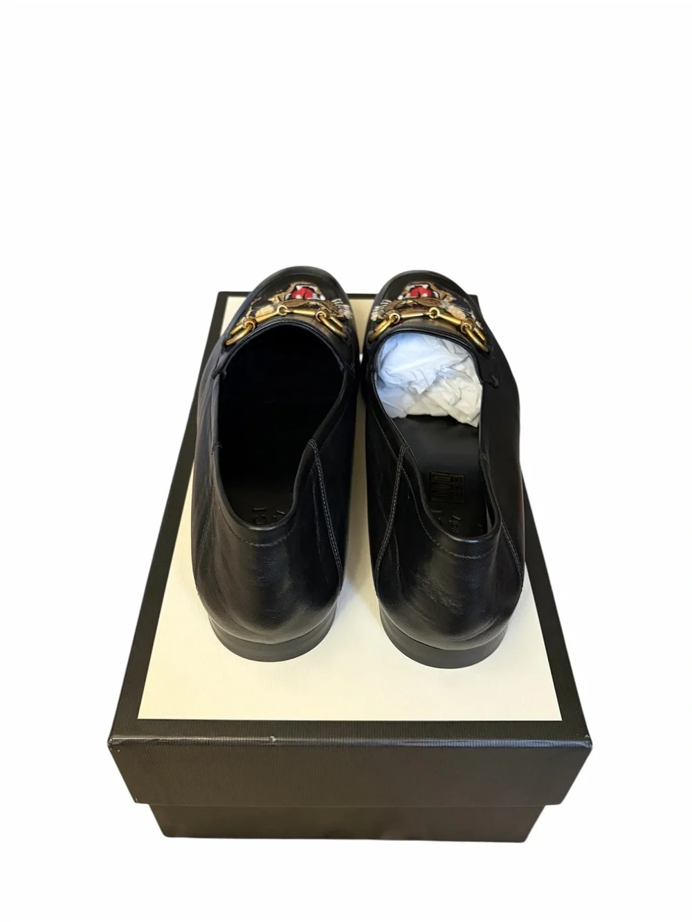 Gucci Black Leather Horsebit Loafers with Embroidered Tiger size 10.5